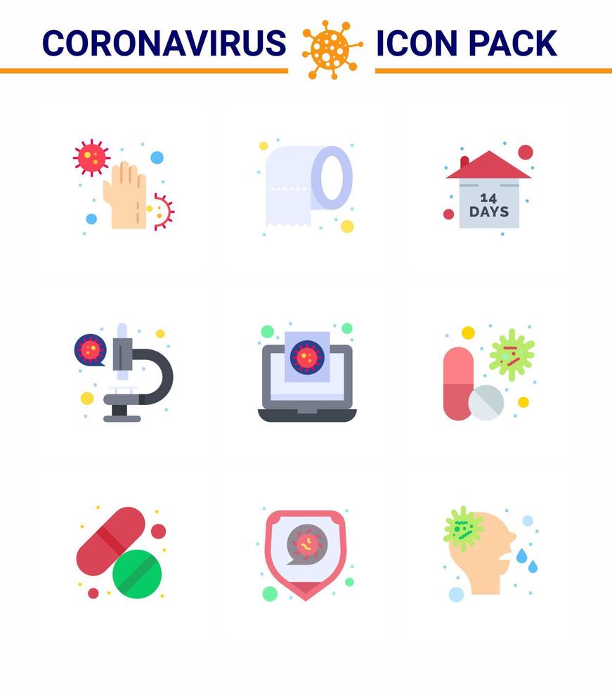 ícone de cor plana de coronavírus 9 definido sobre o tema da epidemia de corona contém ícones como laboratório de segurança de microscópio de coronavírus fique em casa coronavírus viral 2019nov elemento de design de vetor de doença