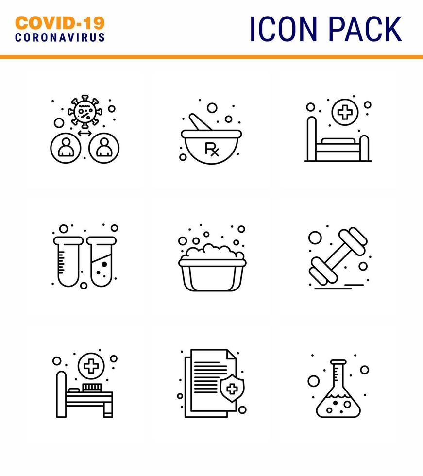 conjunto de ícones de prevenção de coronavírus ícone de 9 linhas, como tubos de bacia, preparando elementos de design de vetor de doença viral de coronavírus 2019nov de teste