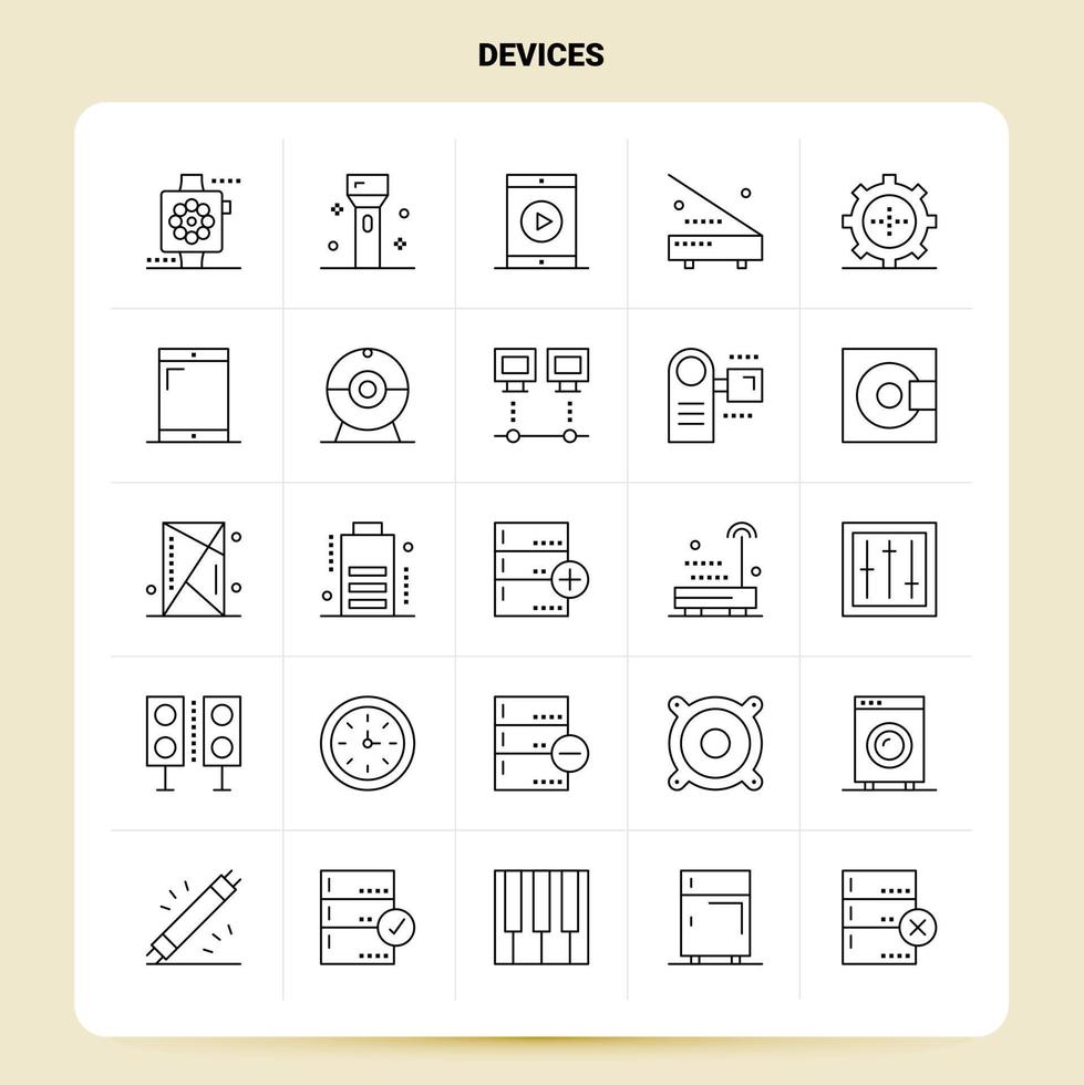 esboço conjunto de ícones de 25 dispositivos vetor design de estilo de linha ícones pretos conjunto de pictograma linear pacote de ideias de negócios móveis e web design ilustração vetorial