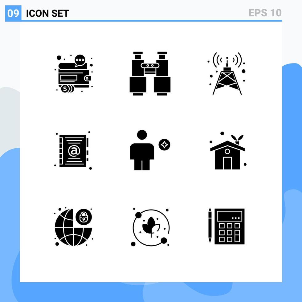 conjunto de 9 pacotes comerciais de glifos sólidos para contato corporal explore elementos de design vetorial editáveis da torre do livro vetor