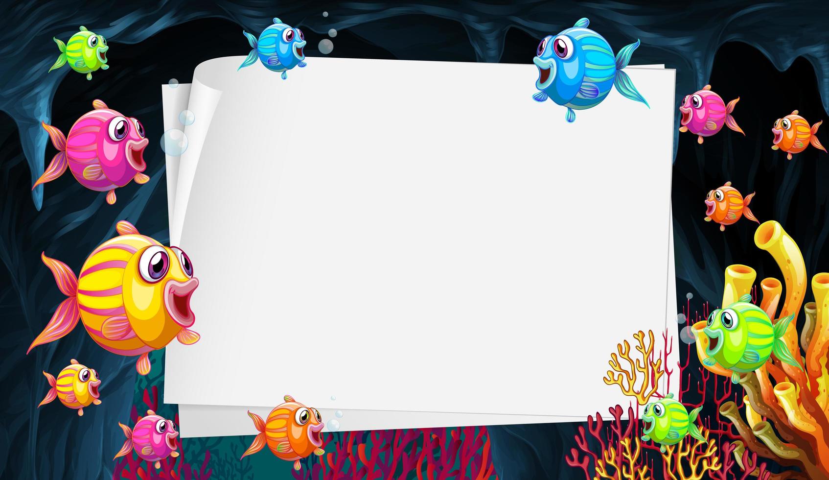 modelo de papel em branco com personagem de desenho animado de peixes exóticos na cena subaquática vetor