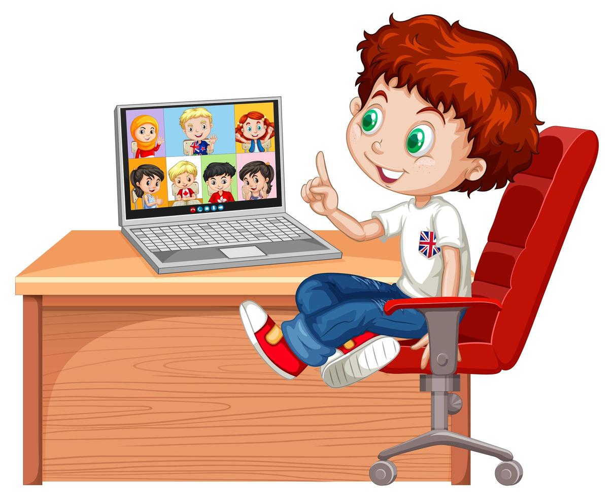 um menino comunica videoconferência com amigos em fundo branco vetor