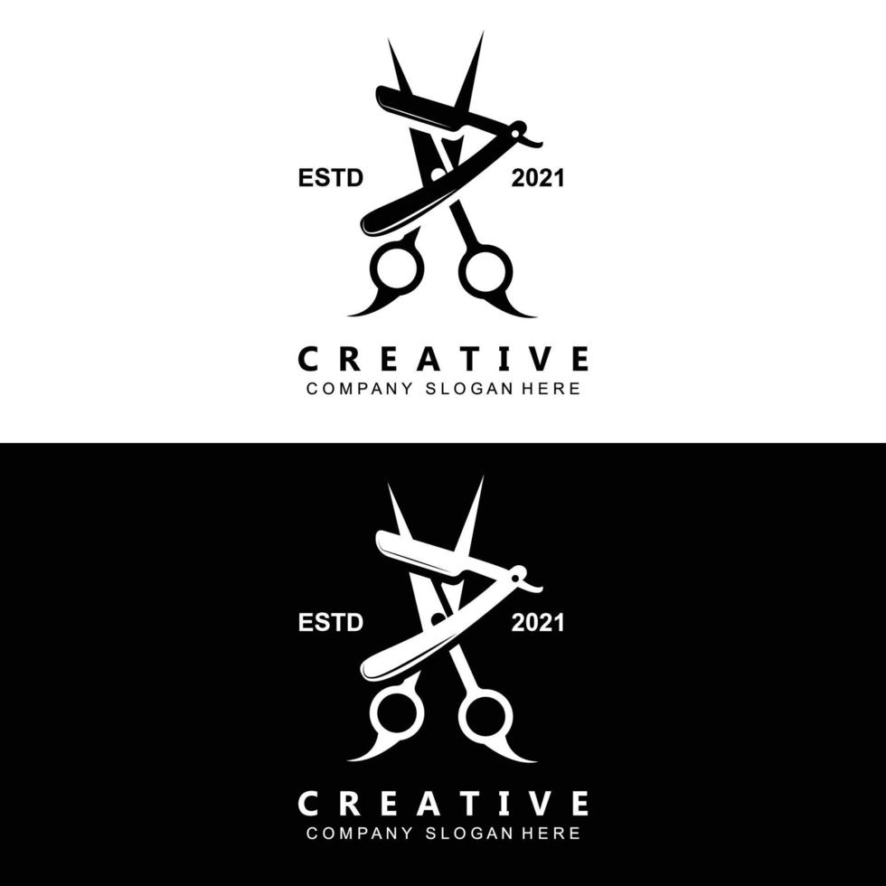 logotipo da barbearia vetor design de cabelo elegante para corte de cabelo, com tesoura e barbeador