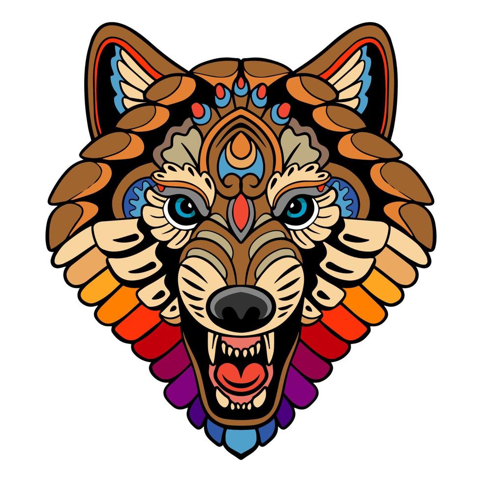 artes coloridas da mandala da cabeça do lobo isoladas no fundo branco vetor