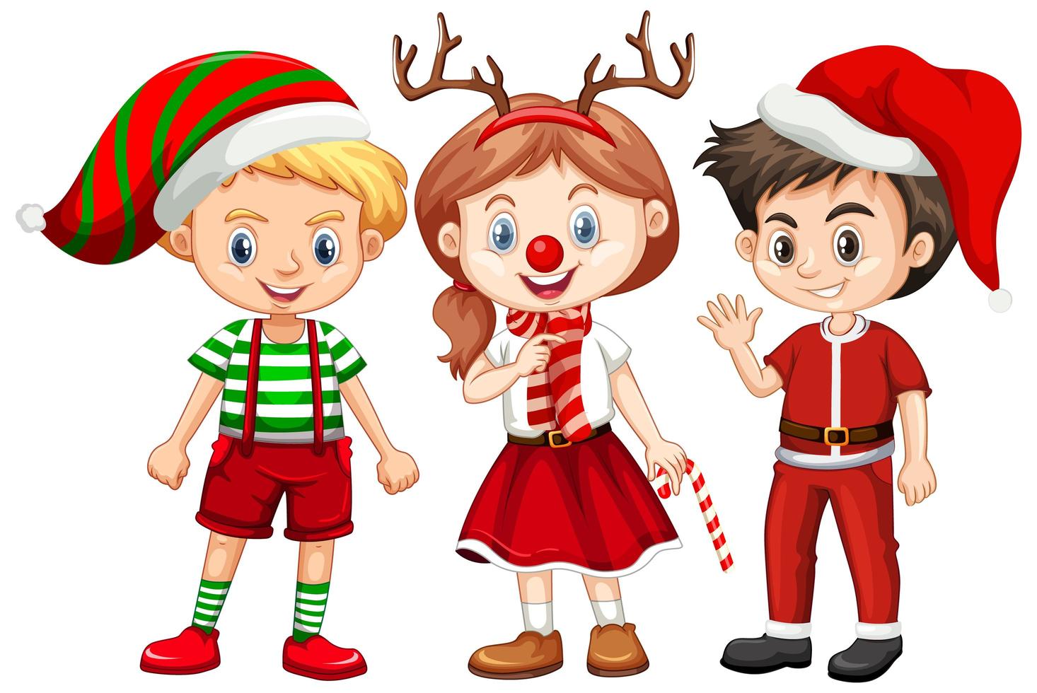 três crianças com fantasia de natal personagem de desenho animado em fundo branco vetor