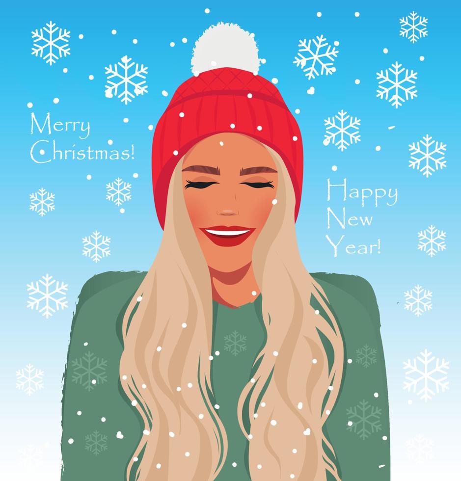 cartão postal de ilustração digital garota feliz no inverno com chapéu vermelho vetor