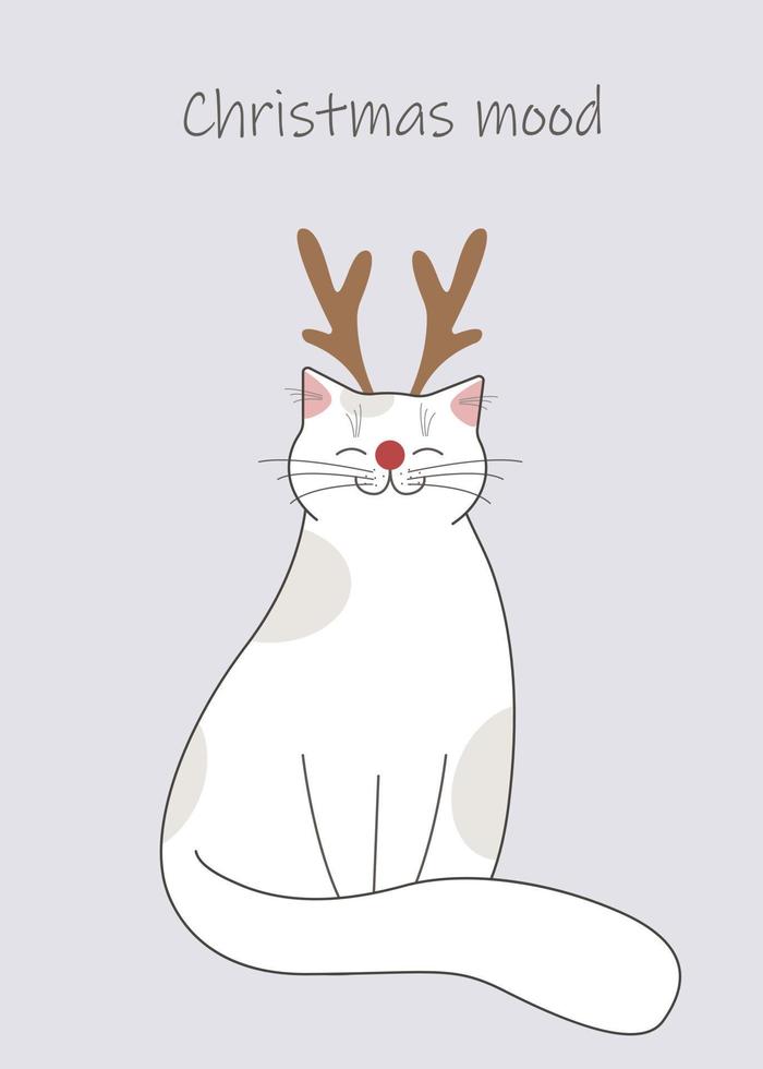 gato com chifres na cabeça e nariz vermelho. cartão de férias com humor de natal de inscrição vetor