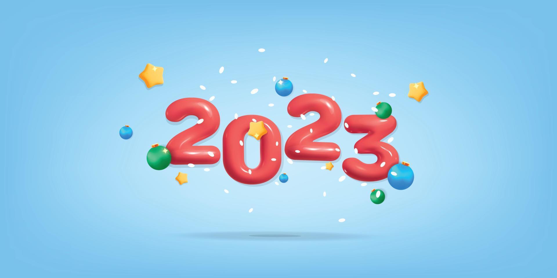 vetor 3d feliz ano novo feliz natal 2023 número vermelho com bugiganga brilhante e design de banner de decoração de bolas de véspera