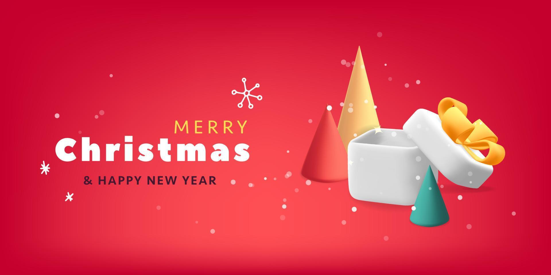 vetor 3d feliz natal e feliz ano novo com desenhos animados render pinheiros e caixa de presente aberta com design de modelo de banner de arco de fita