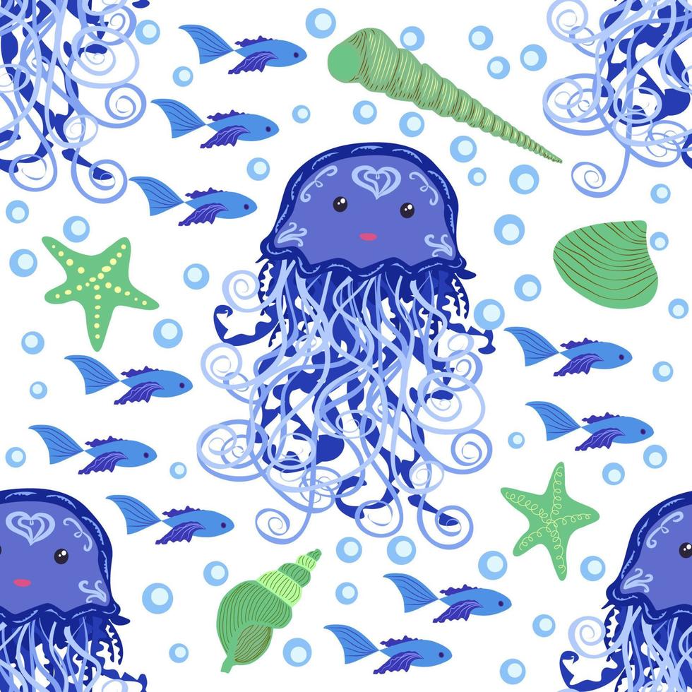 sem costura padrão com água-viva transparente detalhada. padrão infantil sem costura com peixes bonitos desenhados à mão e medusas no estilo doodle. fundo de berçário na moda vetor