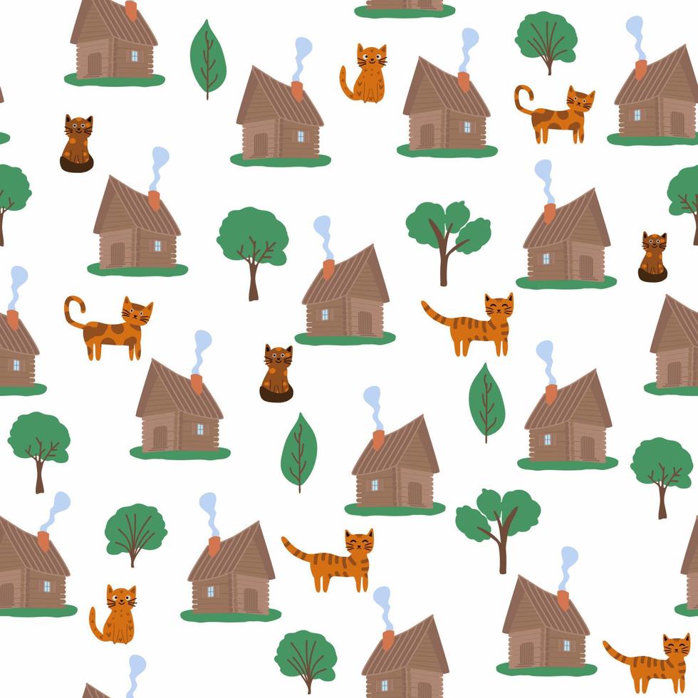 casa de madeira no padrão sem emenda da floresta. cena com árvores de folha caduca, abetos e uma cabana russa vetor