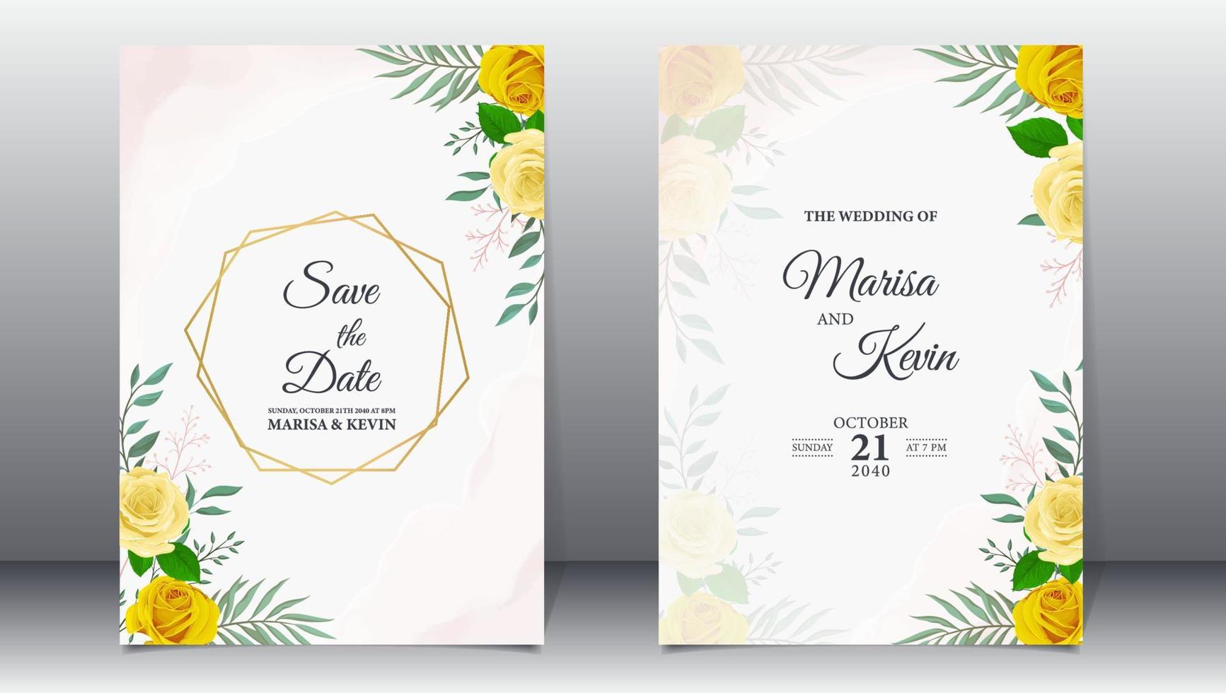 modelo de convite de casamento floral amarelo elegante com fundo aquarela vetor