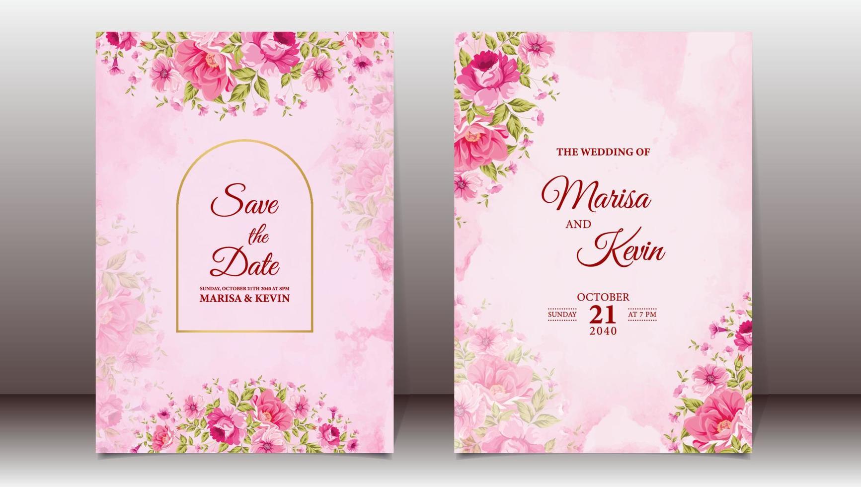modelo de convite de casamento floral rosa elegante com fundo aquarela vetor