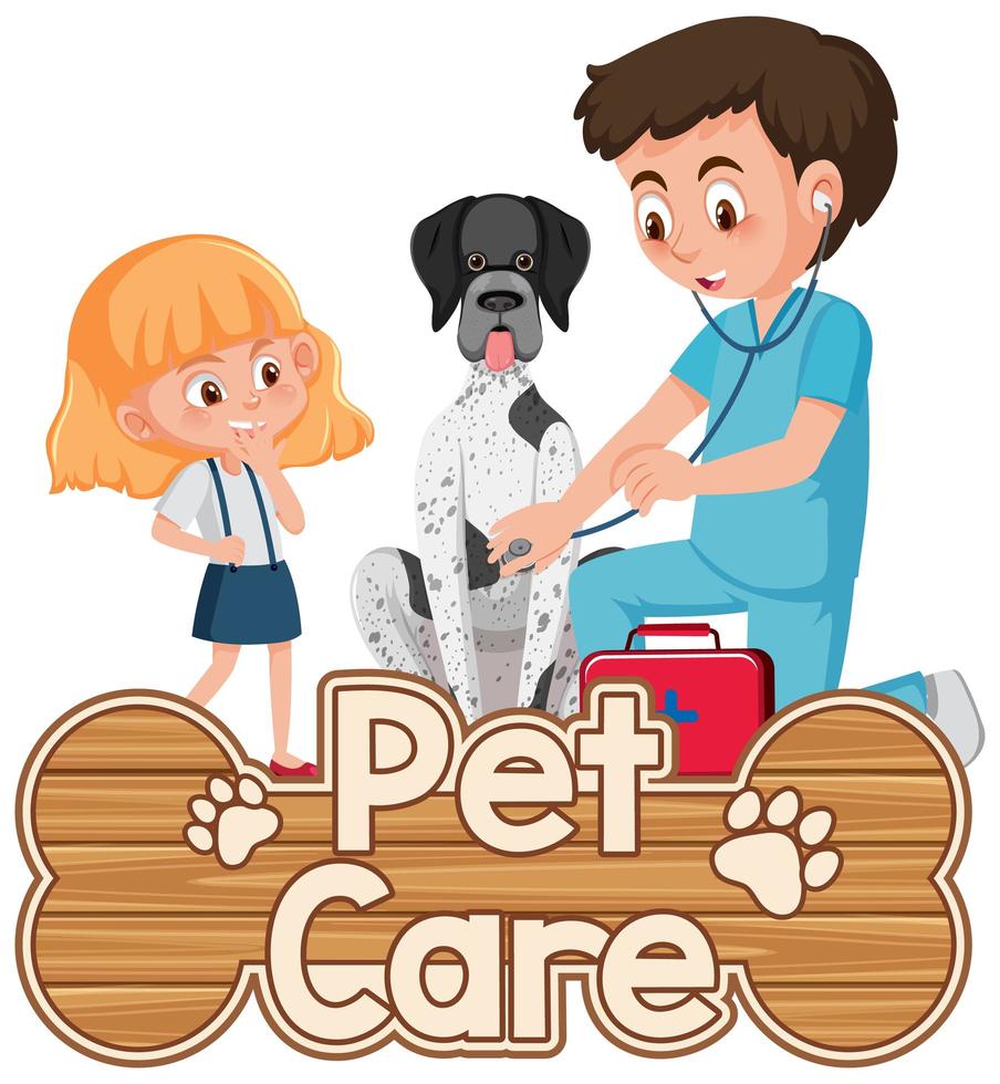 logotipo de pet care ou banner com médico veterinário e cachorro em fundo branco vetor
