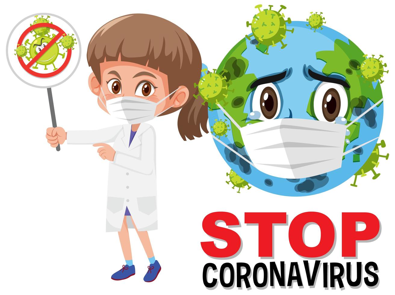 logotipo de parada de coronavírus com personagem de desenho animado de máscara usando terra e médico segurando a placa de parada de coronavírus vetor