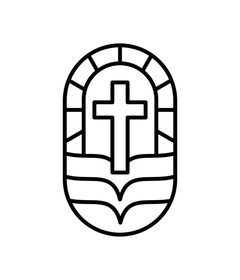cruz de linha de religião e ilustração de ícone de igreja de logotipo de vetor de livro aberto isolada. jesus cristo no calvário é o centro do cristianismo. deus perdão para as pessoas