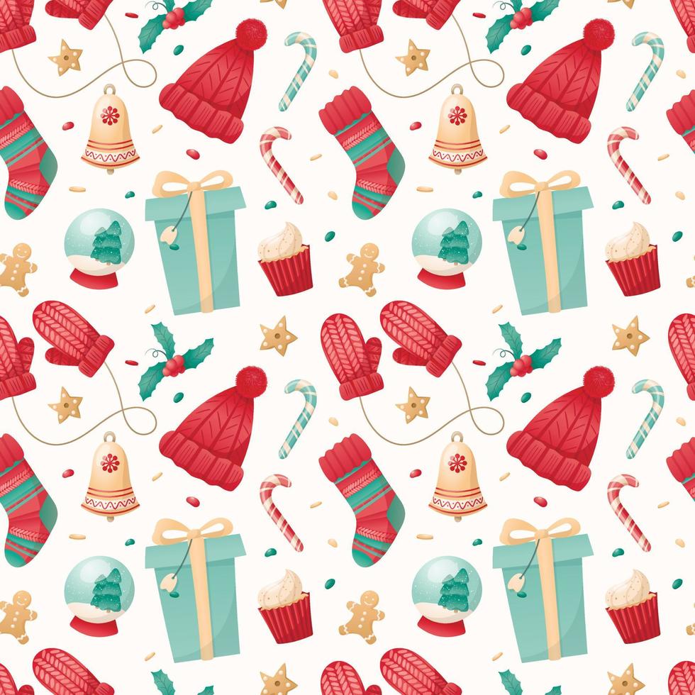 padrão sem emenda de ícones isolados de Natal em um fundo branco. símbolos de férias de inverno. ilustração para papel de embrulho, decorações, têxteis. vetor