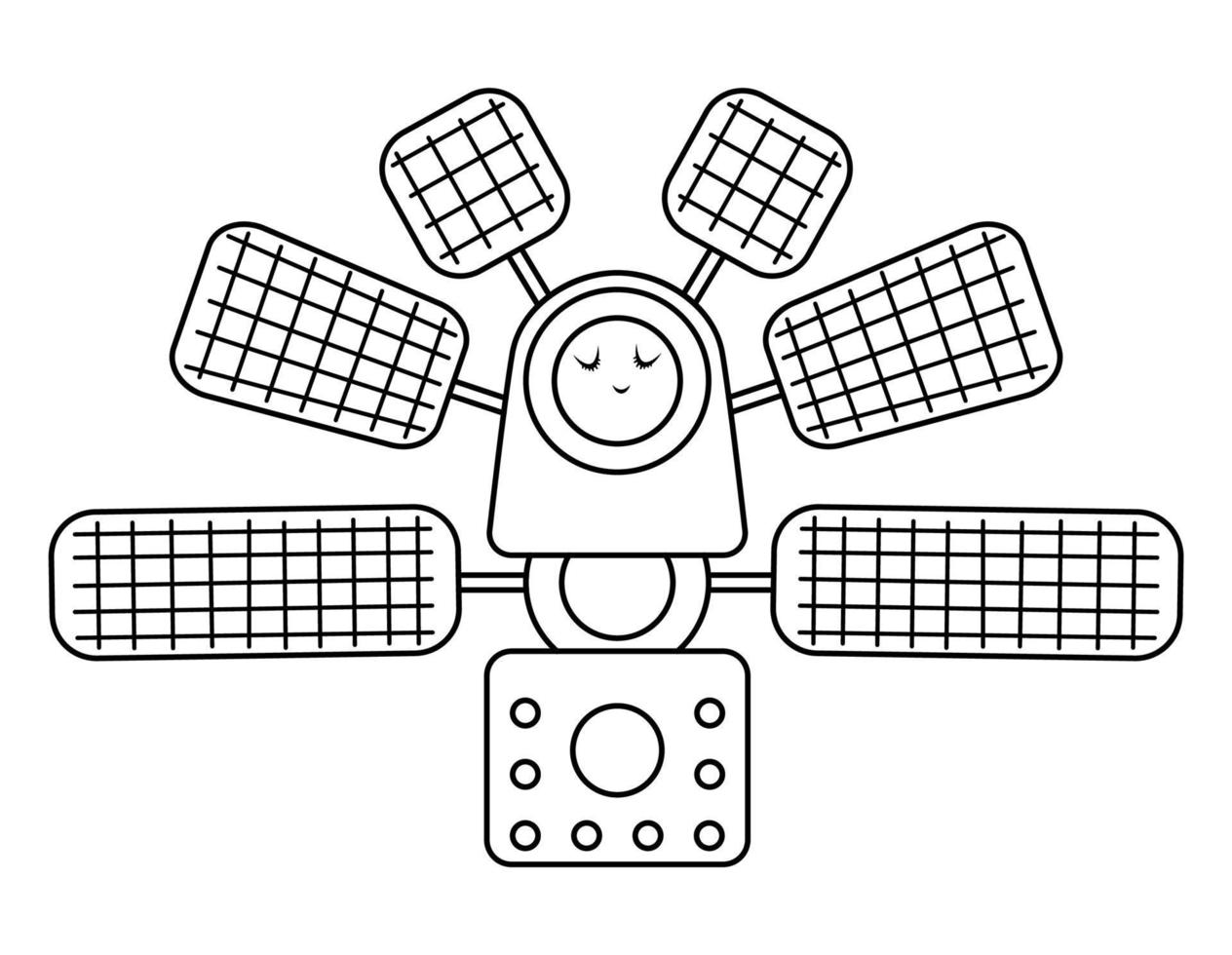 ilustração em vetor estação espacial preto e branco para crianças. delineie o ícone sorridente de técnicas isolado no fundo branco. página para colorir de exploração espacial para crianças.