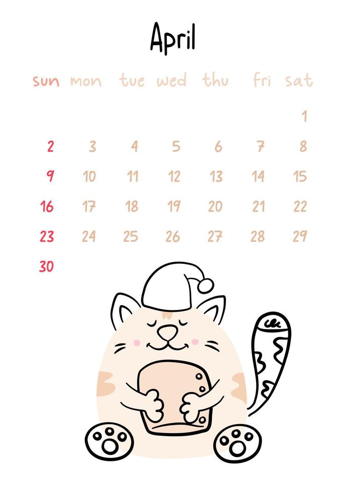 calendário vetorial vertical para abril de 2023 com gato de desenho animado. animal de estimação engraçado desenhado à mão usando um boné com um travesseiro nas patas. semana começa no domingo. para tamanho a4,a5,a3. vetor