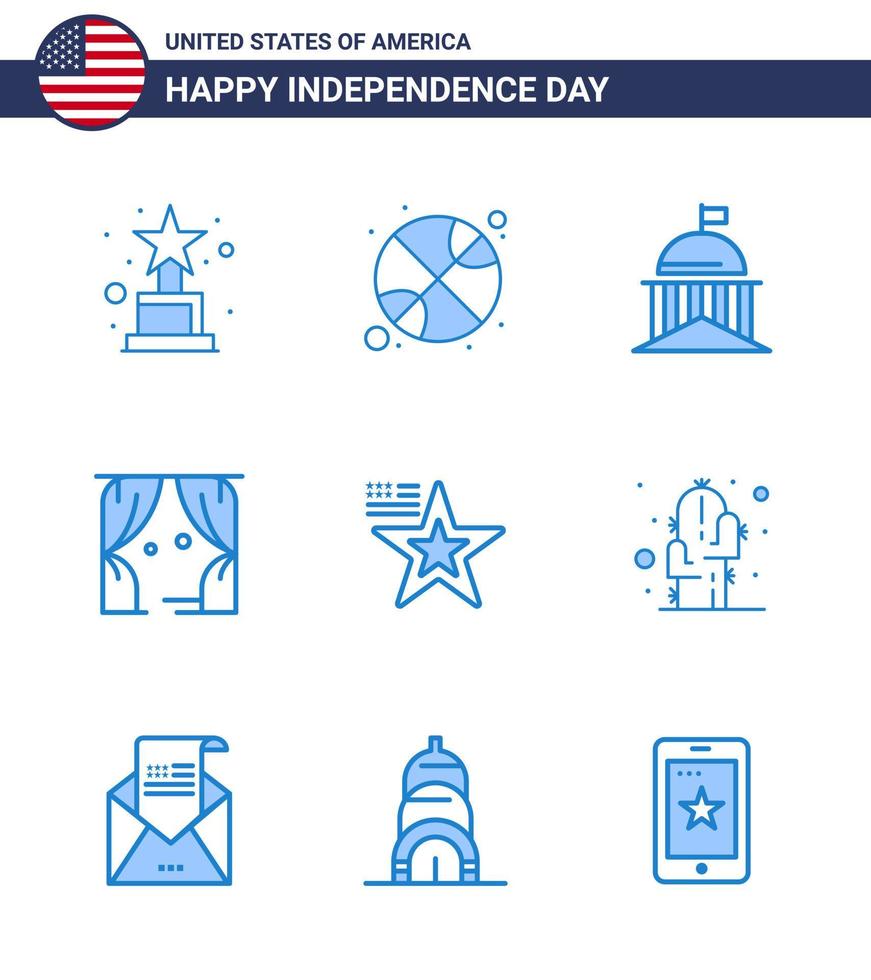pacote azul de 9 símbolos do dia da independência dos eua da bandeira americana dos eua teatro entretenimento editável dia dos eua vetor elementos de design