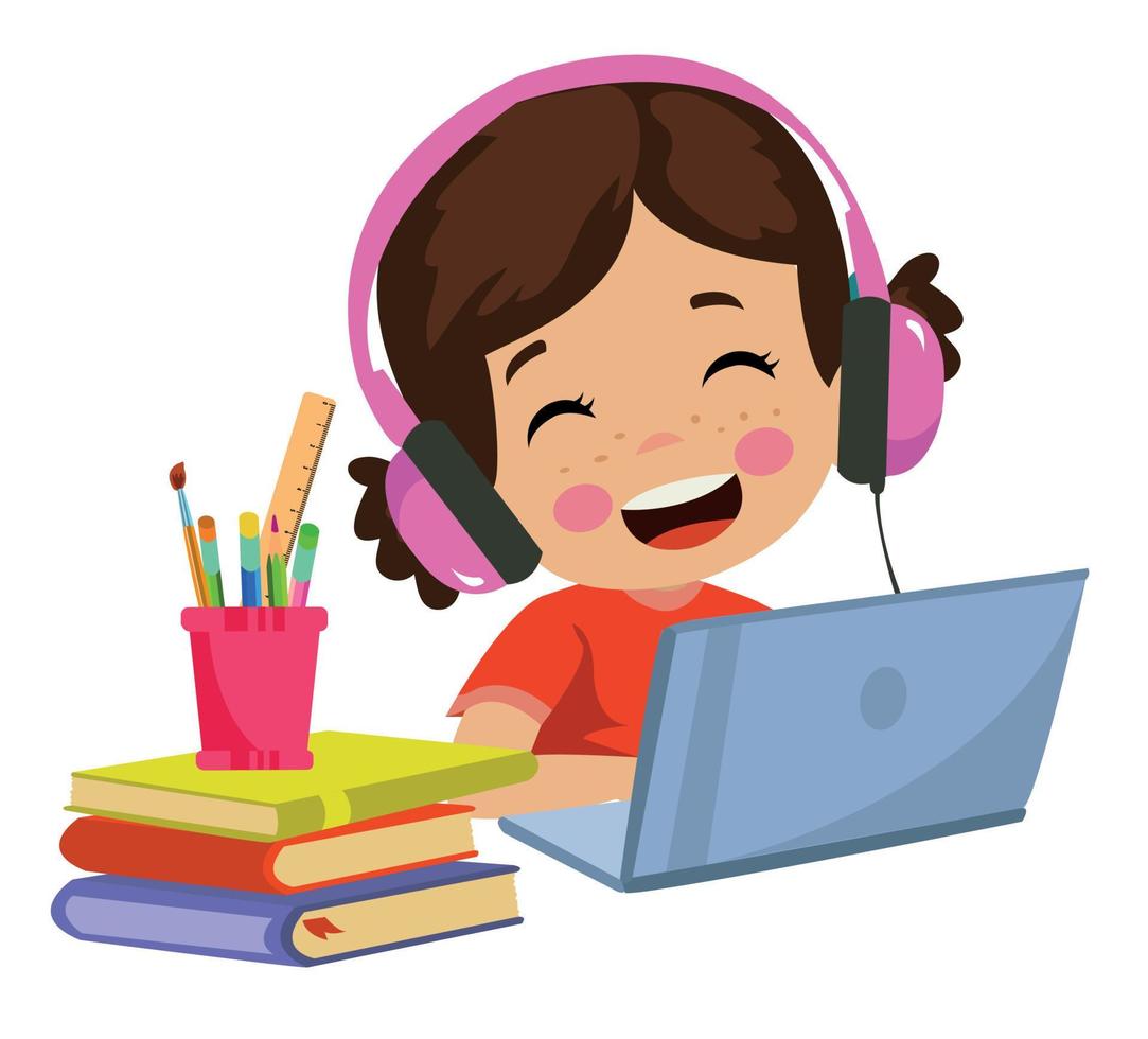 menino bonito estudando computador e ouvindo música vetor