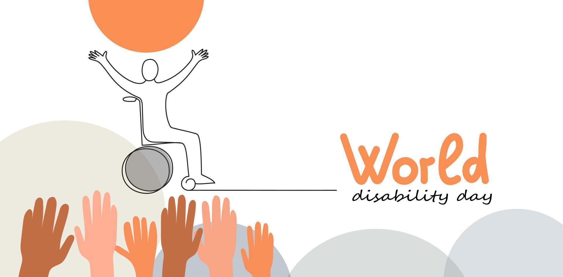 pessoa em cadeira de rodas. bandeira do doodle do vetor do dia mundial da deficiência. ilustração de desenho de linha contínua para mídias sociais.