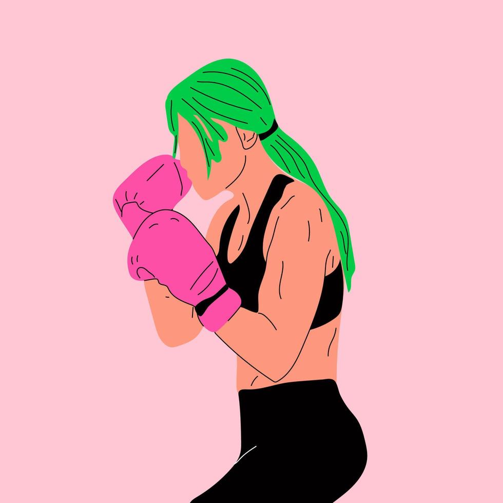 mulher em luvas de boxe posando no saco de pancadas em roupas esportivas. conceito de poder feminino. ilustração vetorial de desenho animado vetor
