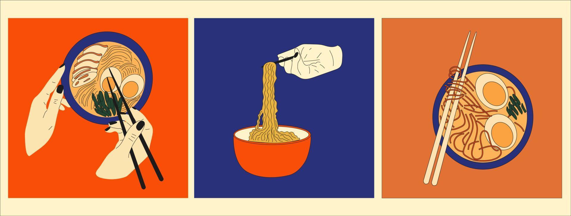 conjunto de três tigelas de macarrão e pauzinhos. ramen. comida asiática. cozinha chinesa, coreana, japonesa. mão desenhada ilustração vetorial. vetor