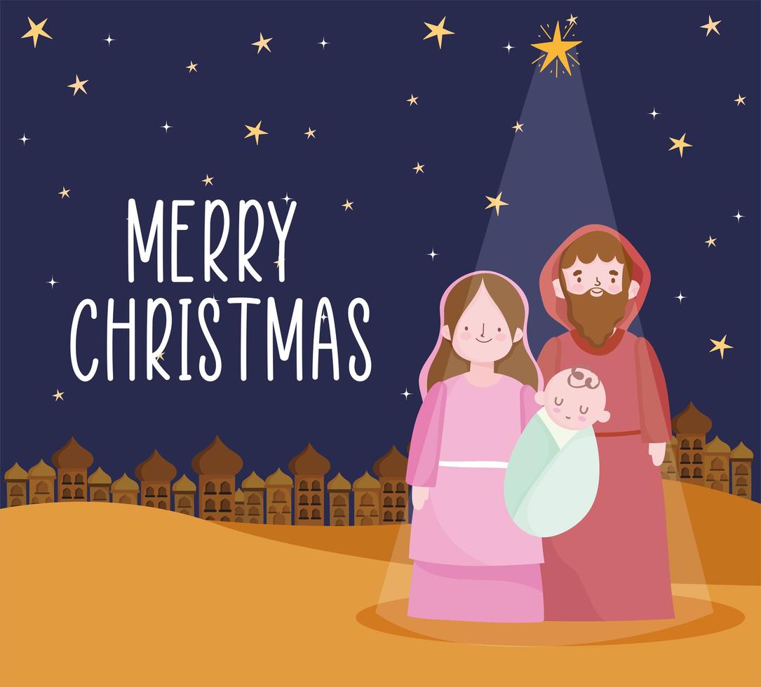 banner de feliz natal e presépio com a família sagrada vetor
