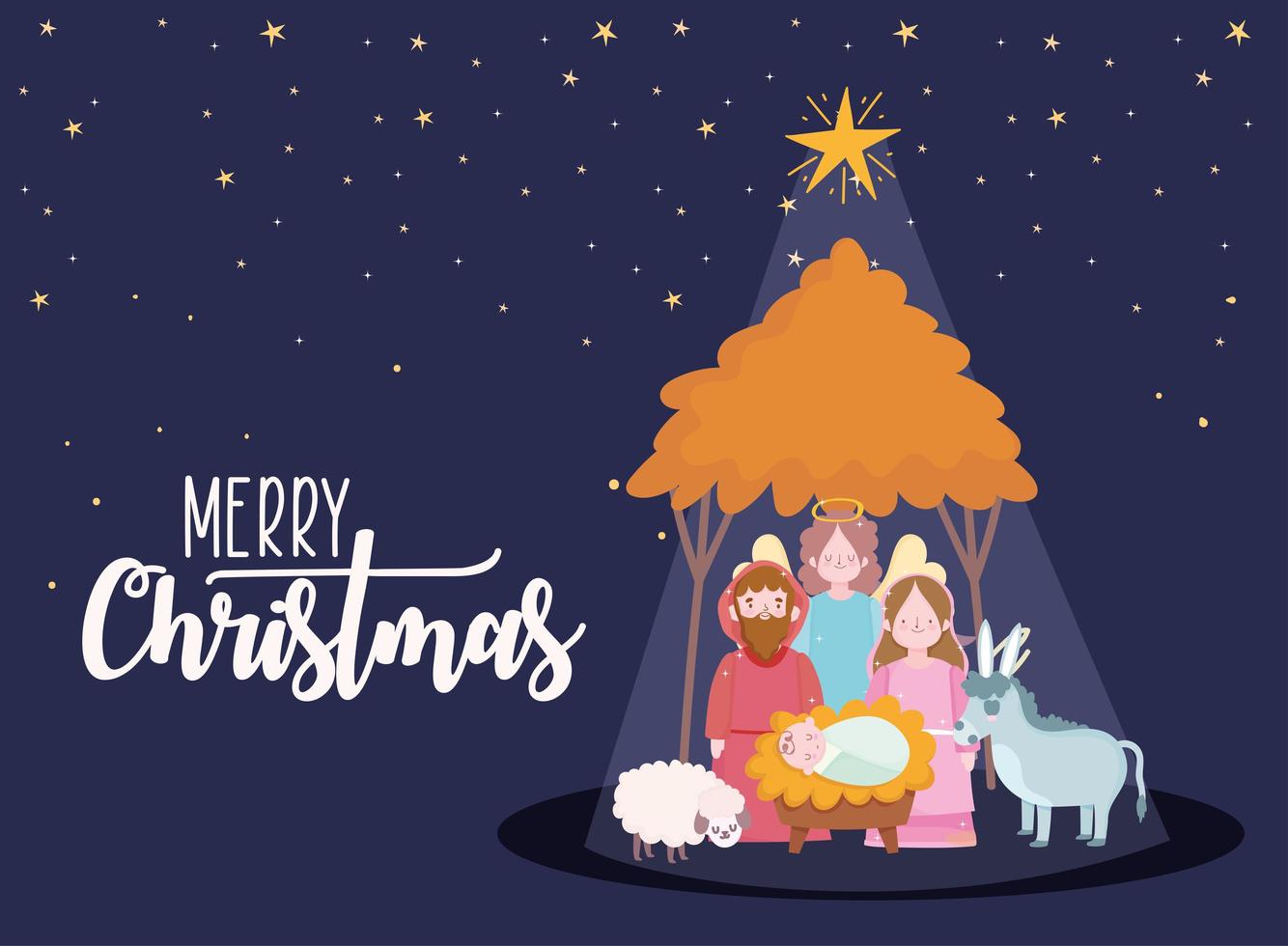 banner de feliz natal e presépio com a família sagrada vetor