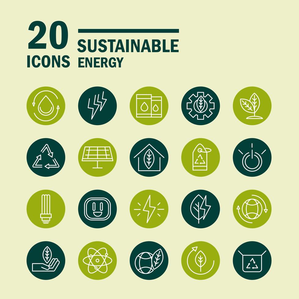 conjunto de ícones de energia ecológica sustentável, renovável e verde vetor