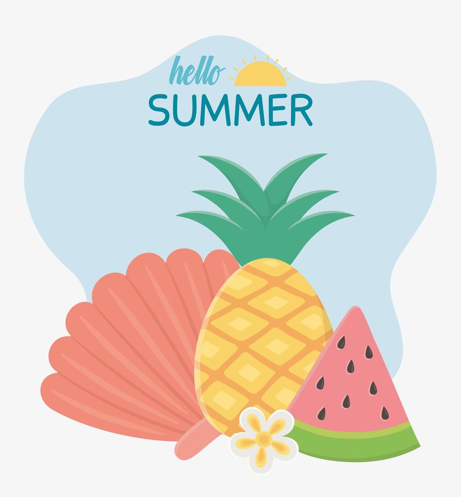 olá férias de verão e composição de frutas vetor