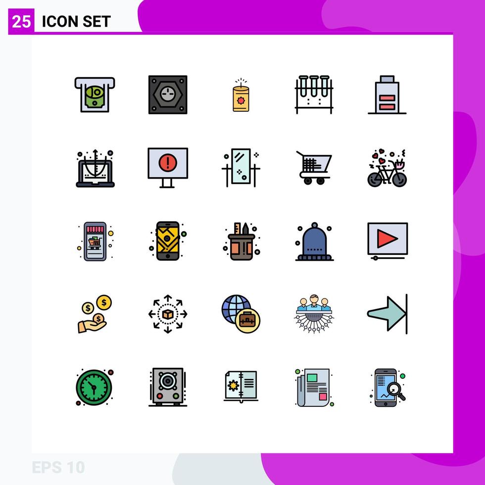 grupo de símbolos de ícone universal de 25 cores planas de linha cheia moderna de tubo de ensaio de interface vela vidraria de laboratório frasco de erlenmeyer elementos de design de vetor editável