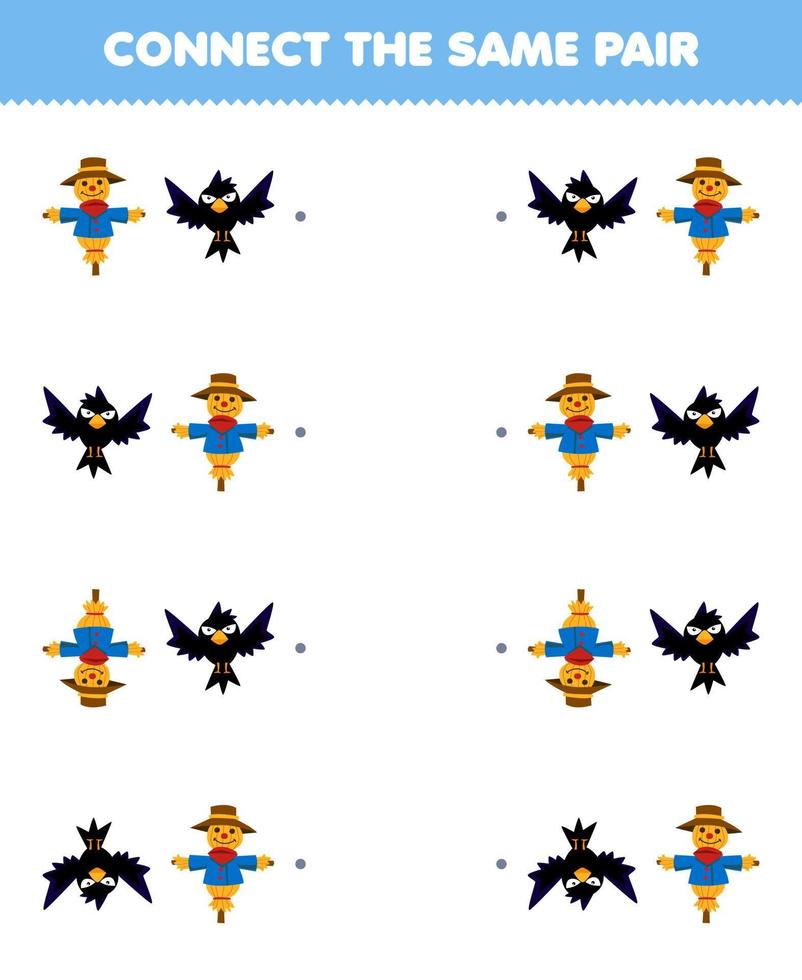 jogo de educação para crianças conectar a mesma imagem de espantalho bonito dos desenhos animados e folha de trabalho de fazenda imprimível par corvo vetor