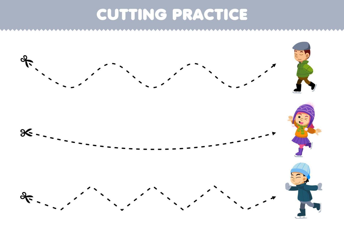 jogo de educação para crianças cortando a prática com menino bonito dos desenhos animados e menina jogando imagem de patinação no gelo planilha de inverno imprimível vetor