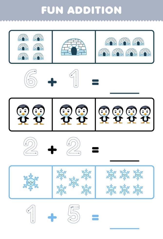 jogo educativo para crianças, adição divertida, contando e rastreando o número de lindos desenhos animados iglu pinguim floco de neve imprimível folha de trabalho de inverno vetor