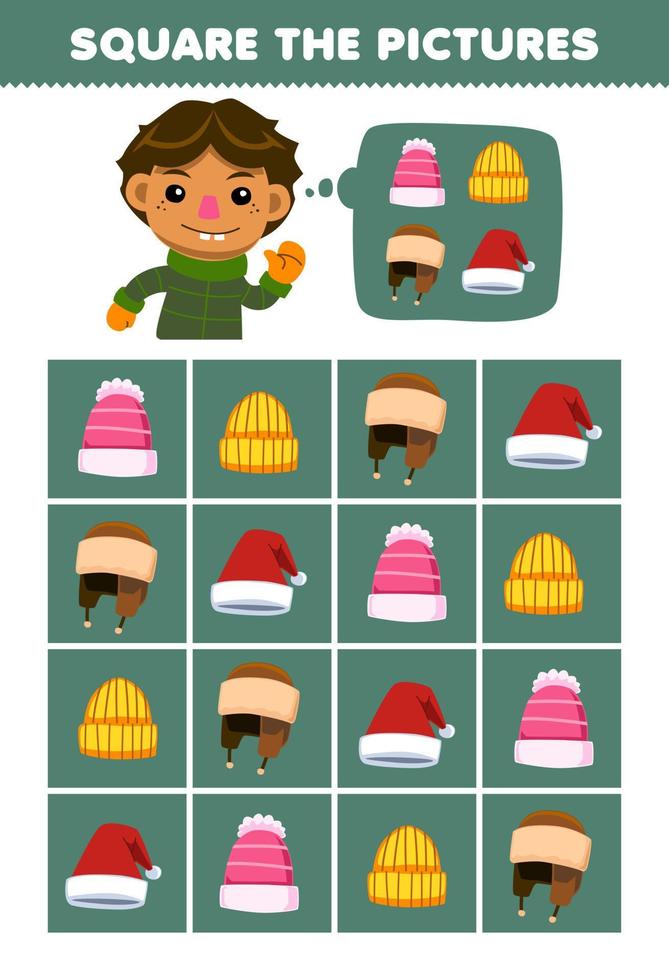 jogo de educação para crianças ajuda menino bonito dos desenhos animados quadrado o gorro correto conjunto de chapéu imagem planilha de inverno imprimível vetor