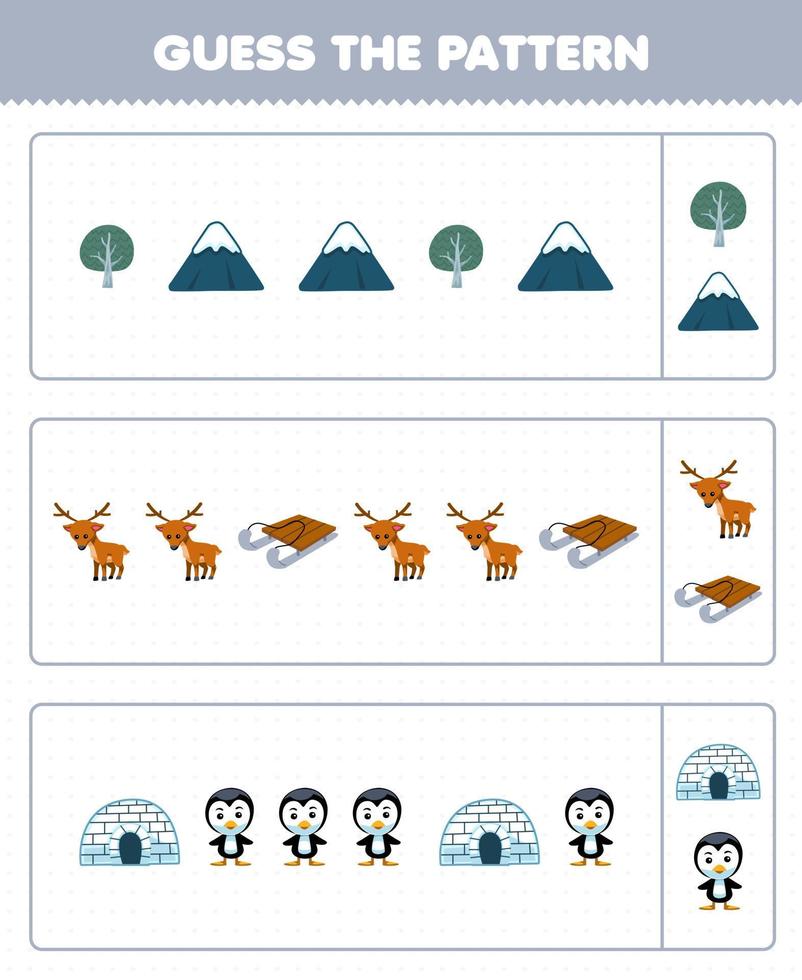 jogo de educação para crianças adivinhar o padrão de cada linha da folha de trabalho de inverno imprimível de árvore de desenho bonito veado montanha veado trenó iglu pinguim vetor