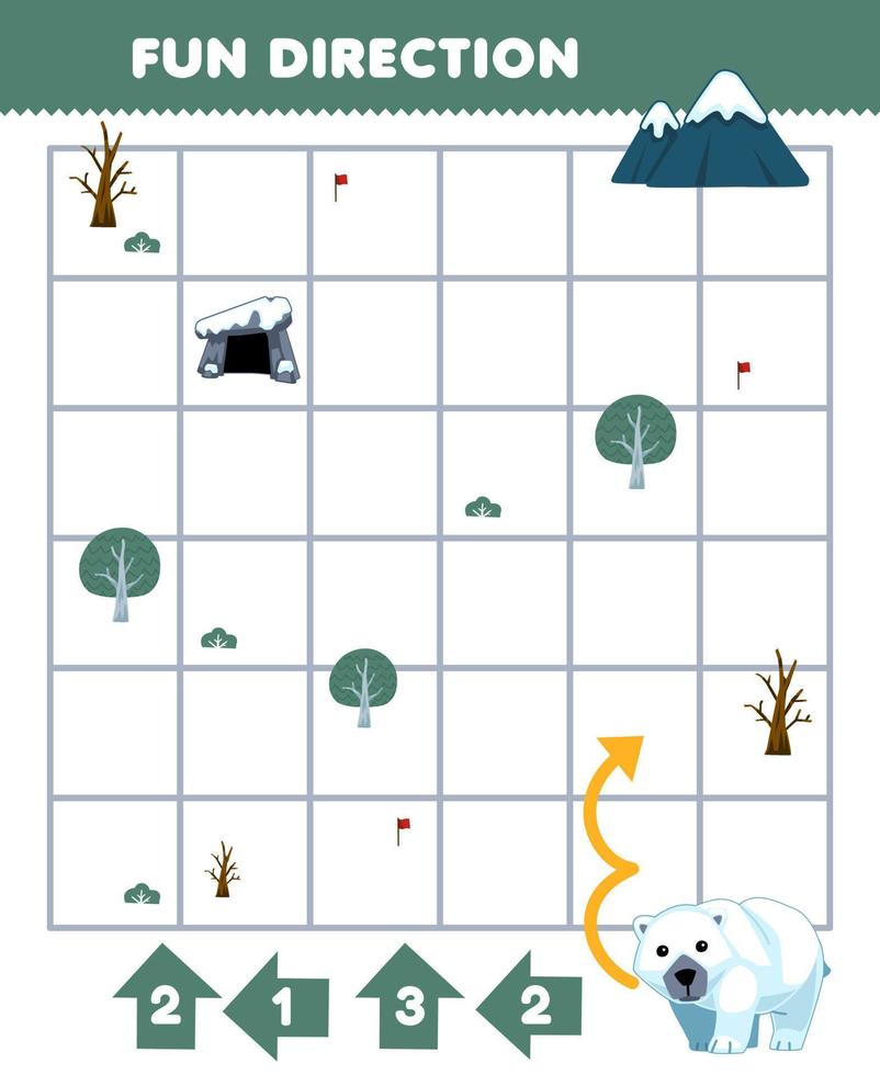 jogo educacional para crianças direção divertida ajuda o urso polar a se mover de acordo com os números nas setas planilha de inverno imprimível vetor