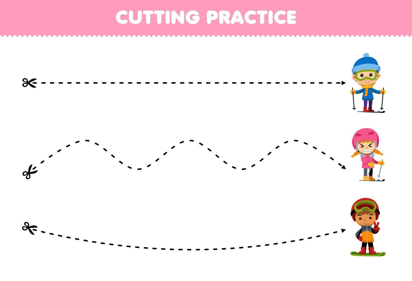 jogo de educação para crianças praticando corte com desenho bonito menino e menina jogando imagem de esqui folha de trabalho de inverno imprimível vetor