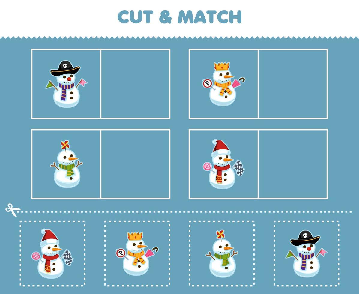 jogo de educação para crianças cortar e combinar a mesma imagem de folha de trabalho de inverno para impressão de boneco de neve bonito dos desenhos animados vetor