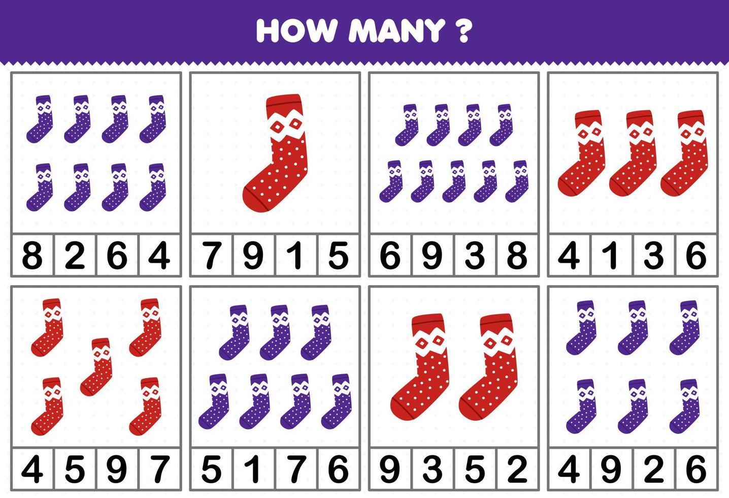 jogo educacional para crianças contando quantos objetos em cada mesa de folha de trabalho de inverno imprimível de meia de desenho animado bonito vetor