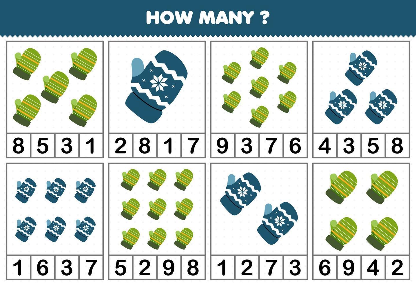 jogo de educação para crianças contando quantos objetos em cada mesa de folha de trabalho de inverno imprimível de luva de desenho animado bonito vetor