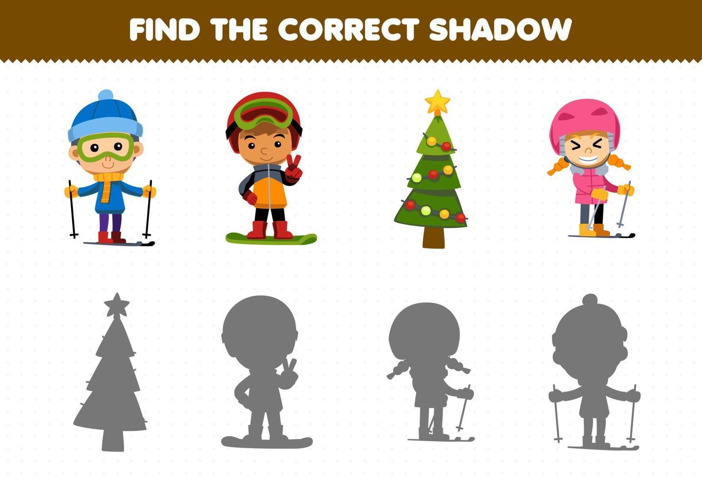 jogo educacional para crianças encontre o conjunto de sombras correto de crianças fofas de desenho animado brincando de esqui e árvore de natal planilha de inverno imprimível vetor