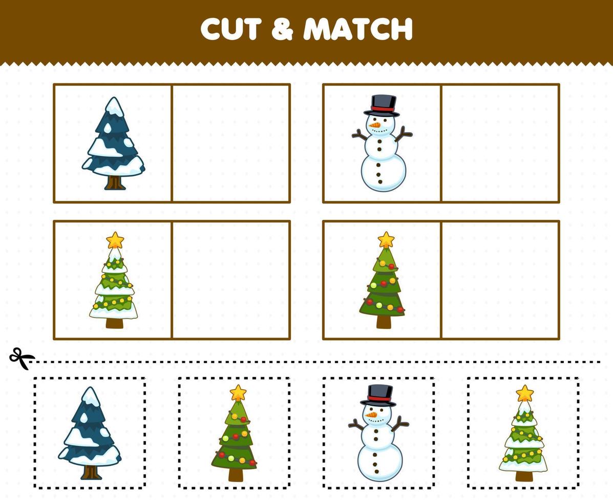 jogo de educação para crianças cortar e combinar a mesma imagem da folha de trabalho de inverno para impressão de boneco de neve bonito dos desenhos animados da árvore de natal vetor
