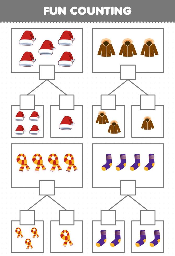 jogo de educação para crianças divertidas contando imagens em cada caixa de chapéu de desenho animado fofo jaqueta cachecol meia folha de trabalho de inverno imprimível vetor