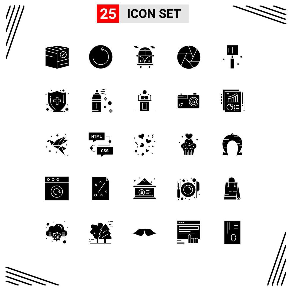 conjunto de 25 sinais de símbolos de ícones de interface do usuário modernos para comida, bebida, ônibus, câmera fotográfica, elementos de design de vetores editáveis