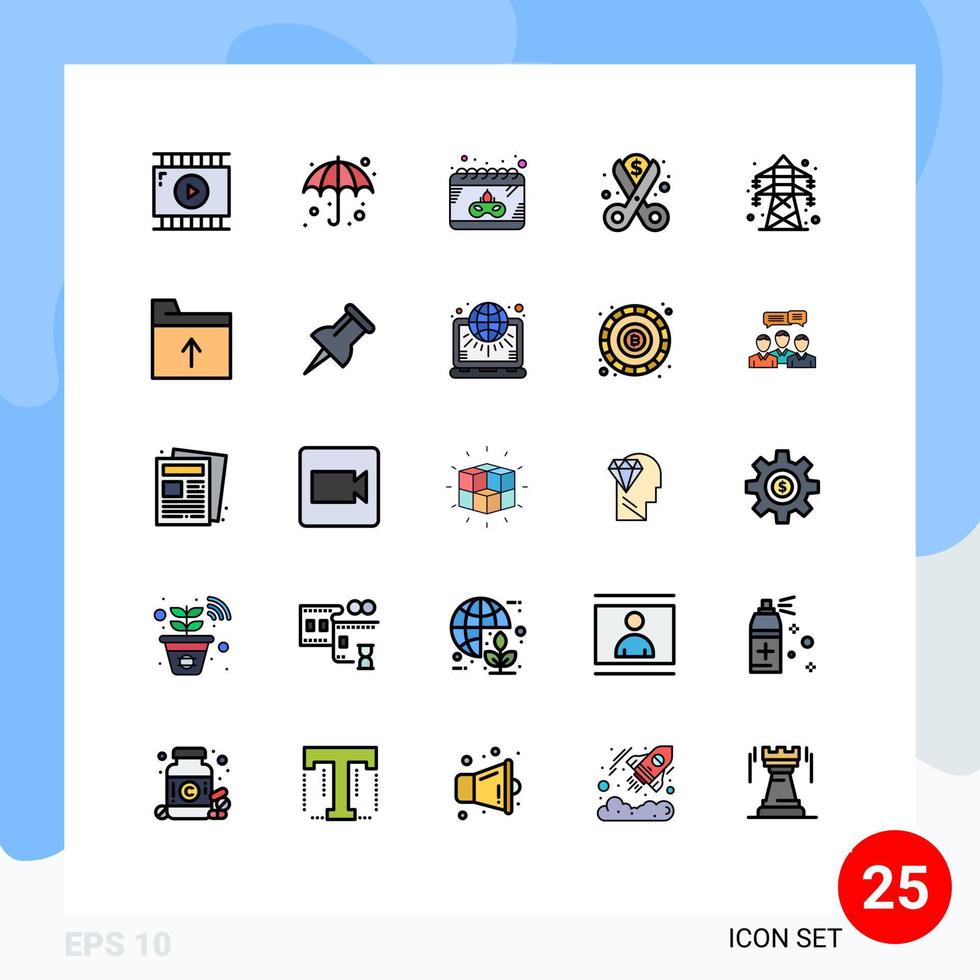 Pacote de cores planas de linha preenchida de 25 interfaces de sinais e símbolos modernos de custos de dinheiro de calendário de redução elétrica elementos de design vetorial editáveis vetor