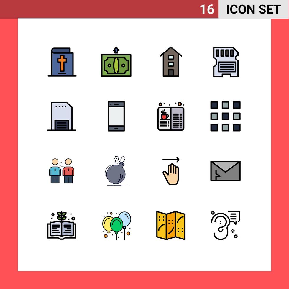 16 interface do usuário pacote de linha cheia de cores planas de sinais e símbolos modernos de contato sd house cartão de memória editável vetor criativo elementos de design