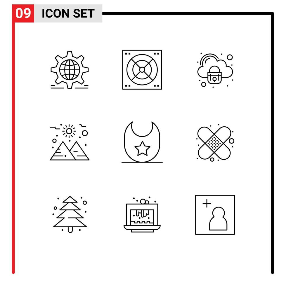 9 sinais de contorno universal símbolos de roupas bebê segurança planeta sol elementos de design vetoriais editáveis vetor